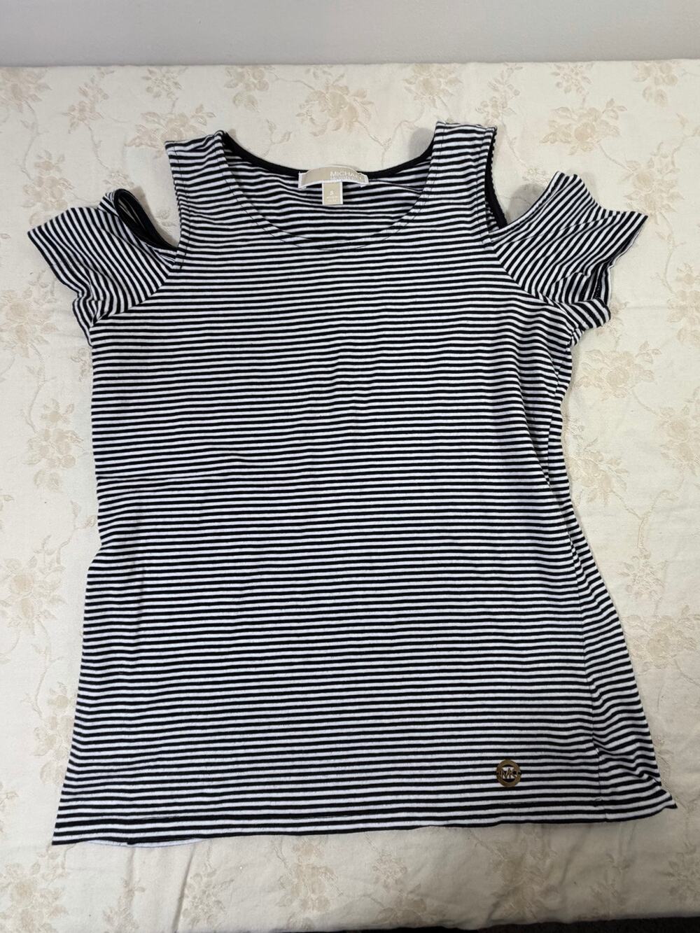 Michael Kors Women's Small Black White Striped Cold Shoulder Crisscross Top